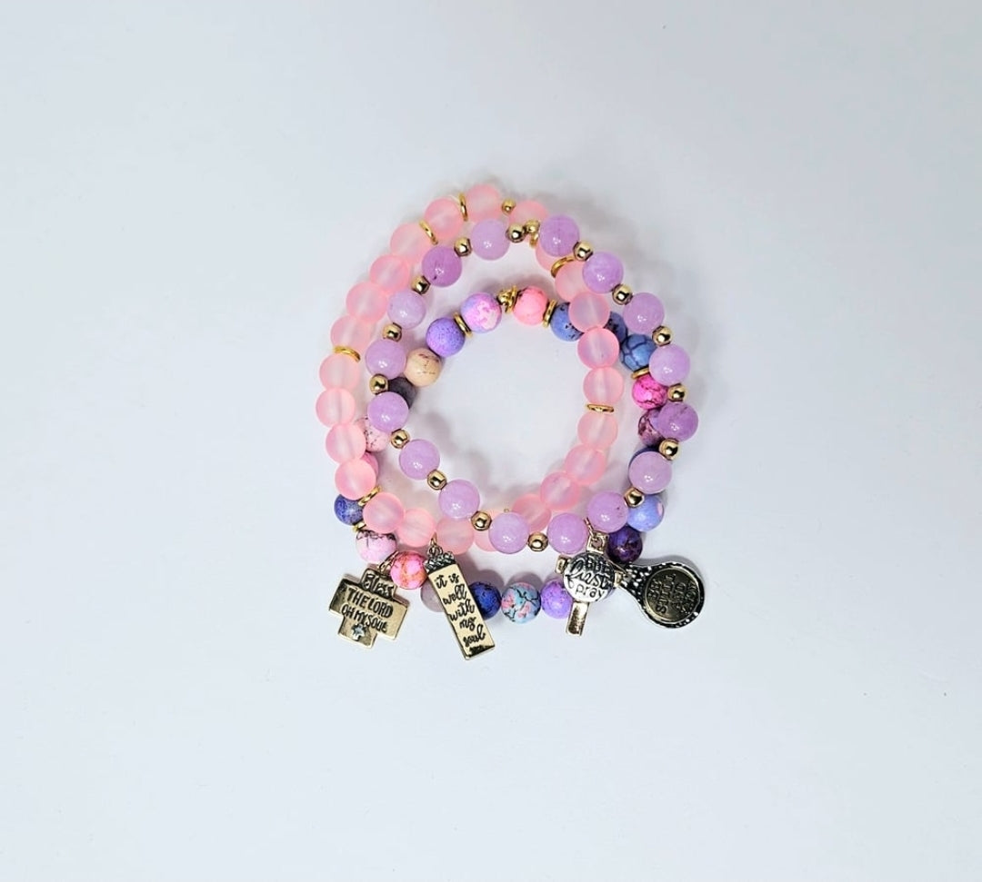 Pink & Purple 3-Piece Scripture Charm Bracelet Set